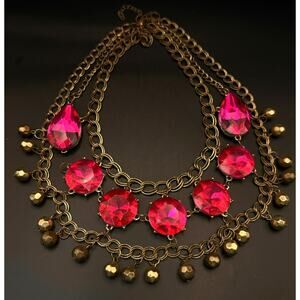 Vintage Pink Bib Goldtone Statement Necklace